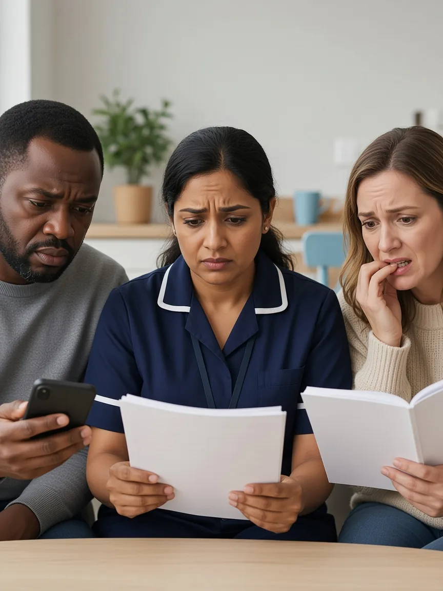 A care worker, a recent immigrant and an expat looking worried while studying for the Life in the UK test